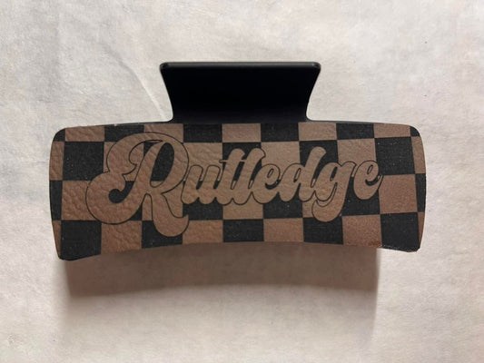Personalized Brown/Black Large Checkered Leather Hair Clip