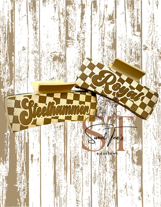 Personalized Brown/Gold Metallic Checkered Large Hair Clip
